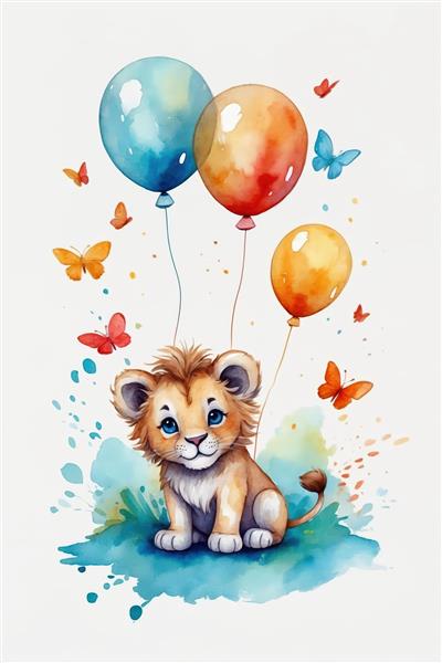 بچه شیر کوچک خندان با بادکنک‌های شناور و پروانه‌های رنگی، نقاشی آبرنگ شاد