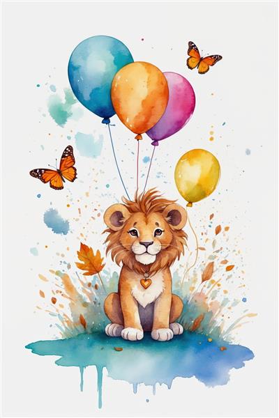 بچه شیر با گردنبند قلب و بادکنک‌های رنگی، تصویرسازی آبرنگ با تم پاییزی و پروانه