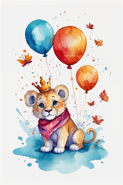 بچه شیر بامزه تاج‌دار با دستمال گردن صورتی و بادکنک‌های روشن، سبک آبرنگ