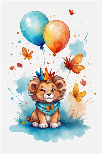 بچه شیر تاج‌دار با پاپیون و بادکنک‌های جشن، تصویر هنری آبرنگ جذاب برای اتاق کودک