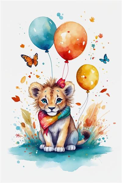 بچه شیر کوچک با شال گردن رنگی و بادکنک‌های نارنجی و آبی، نقاشی آبرنگی زیبا