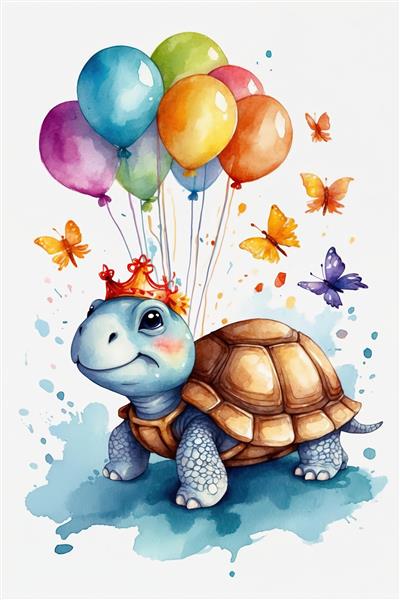 لاک‌پشت تاج‌دار با هفت بادکنک و پروانه‌های شاد، طرح آبرنگ رنگارنگ برای جشن تولد