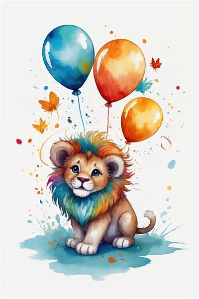 بچه شیر با یال رنگین‌کمان و بادکنک‌های روشن، تصویرسازی آبرنگ فانتزی برای پوستر