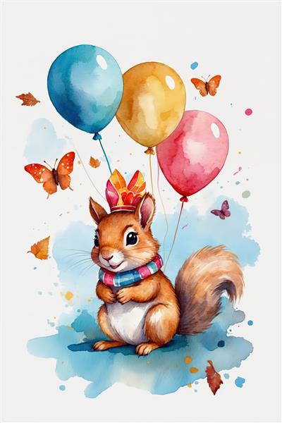 سنجاب تاج‌دار با شال و بادکنک صورتی، نقاشی آبرنگ تولد کودکانه و پروانه