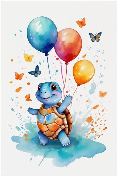 لاک‌پشت کارتونی شاد با بادکنک‌های شناور و پروانه‌ها، نقاشی آبرنگ جذاب کودکانه