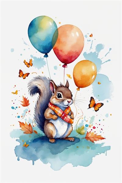 سنجاب پاییزی با شال چهارخانه و بادکنک‌های رنگی، تصویرسازی آبرنگ برای دکور اتاق کودک