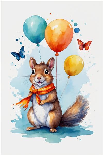 سنجاب قهوه‌ای با شال نارنجی و بادکنک، تصویر هنری کودکانه با پس‌زمینه آبرنگ آبی