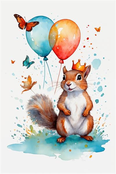 سنجاب تاج‌دار با بادکنک‌های آبی و نارنجی، تصویرسازی جشن تولد کودکانه سبک آبرنگ