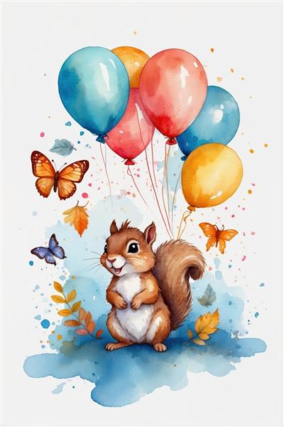 سنجاب شاد پاییزی با بادکنک‌های جشن و برگ‌های رنگی، نقاشی آبرنگی با جزئیات بالا