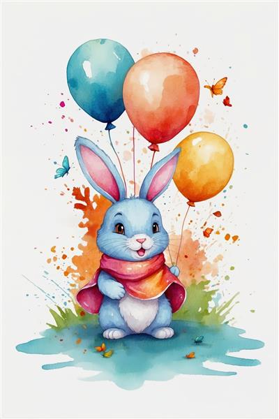 خرگوش آبی بامزه با شنل و بادکنک‌های شناور، نقاشی آبرنگ شاد و کارتونی