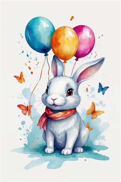 پرتره خرگوش سفید با شال گردن صورتی و بادکنک، طرح آبرنگی و پروانه