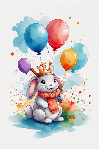 خرگوش سفید تاج‌دار و شاد با بادکنک‌های تولد، تصویر هنری آبرنگ برای پوستر کودک