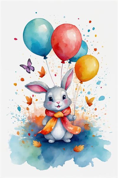 خرگوش کوچک شاد با شال نارنجی و بادکنک‌های رنگارنگ، استایل آبرنگ