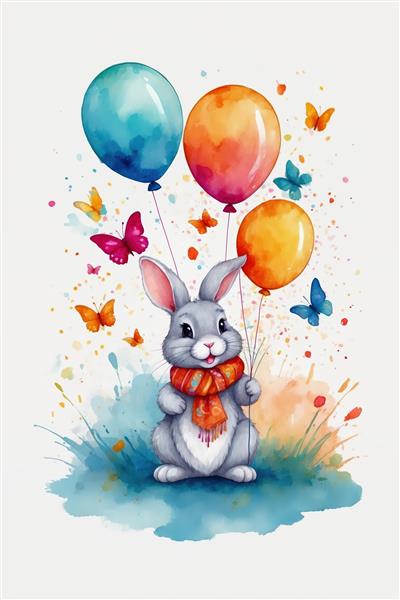 خرگوش خاکستری کیوت با بادکنک و پروانه‌های شاد، تصویرسازی آبرنگی