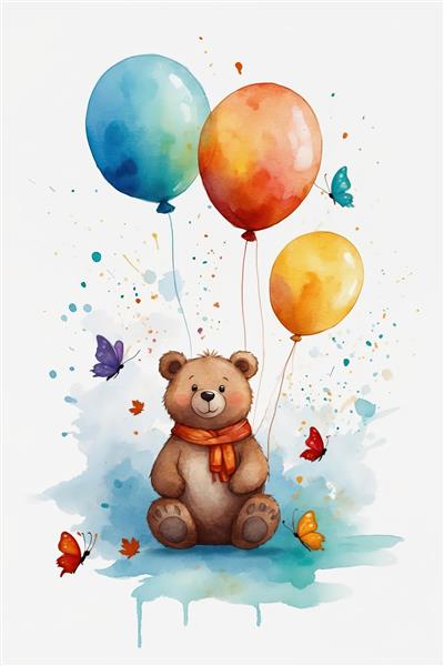 خرس عروسکی دوست‌داشتنی با شال گردن و بادکنک رنگی، سبک آبرنگ زیبا
