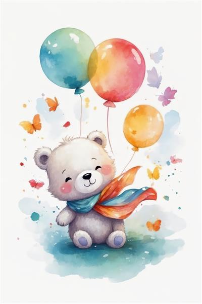 پوستر کارتونی خرس تدی سفید با شنل رنگی و بادکنک؛ نقاشی آبرنگ شاد