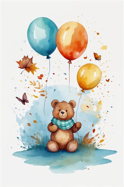تصویر آبرنگی خرس تدی با بادکنک‌ها و شال آبی؛ تم پاییزی (برگ‌ها و رنگ پاشیده)