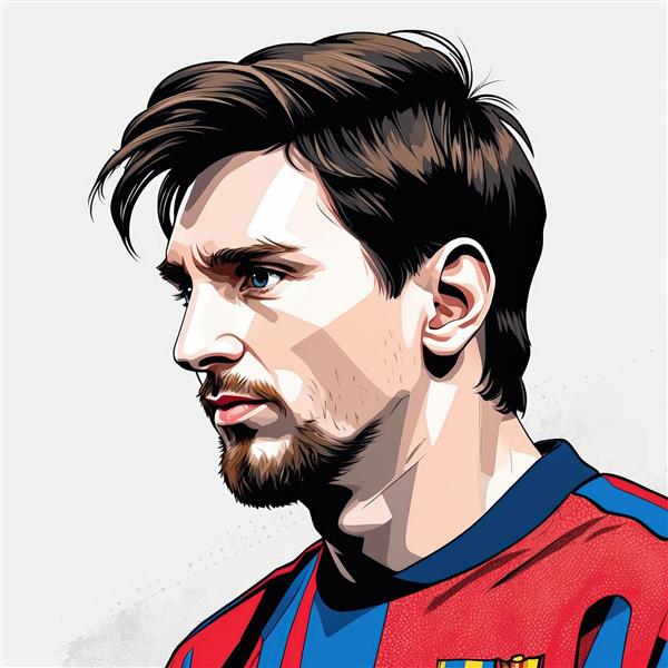 نقاشی دیجیتال مسی با لباس بارسلونا (نمای جانبی) و پس‌زمینه روشن