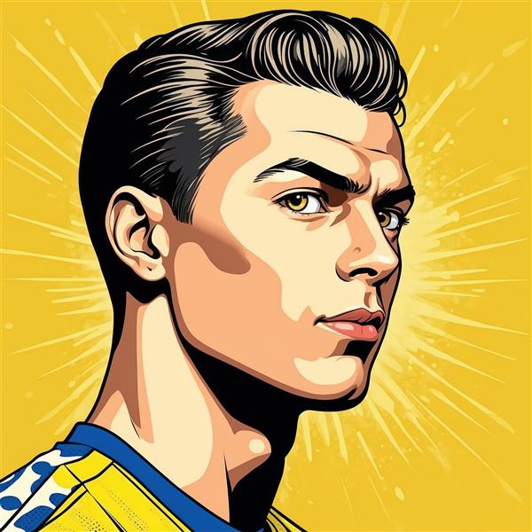 پرتره رونالدو با پیراهن زرد و چشمان نافذ؛ پس‌زمینه زرد پاپ آرت