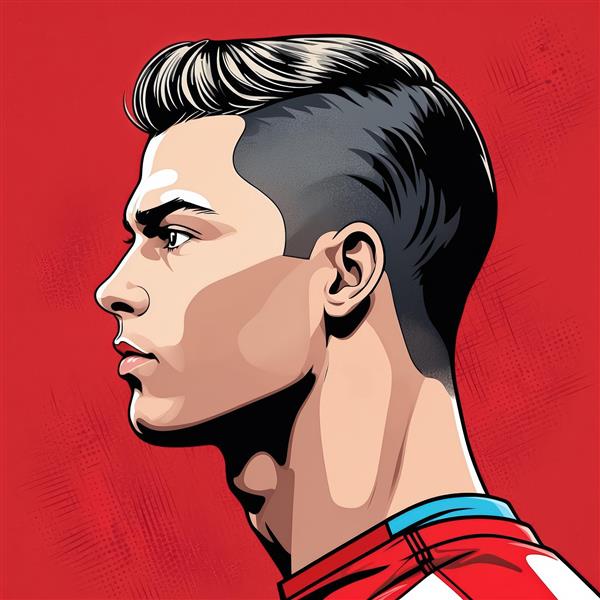 تابلو رونالدو نیم‌رخ با زمینه قرمز و رگه‌های کمیک (کیفیت بالا برای چاپ)