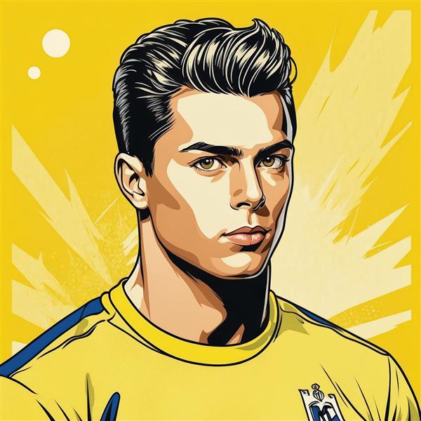 تصویر پرتره رونالدو با پیراهن زرد و بک‌گراند انفجاری آفتابی (پاپ آرت)