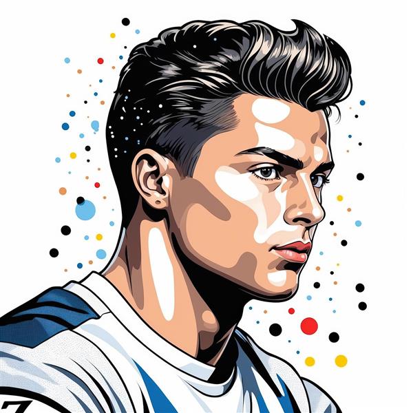 پوستر رونالدو با لباس پرتغال (سفید) و پس‌زمینه افکت رنگارنگ پاپ آرت