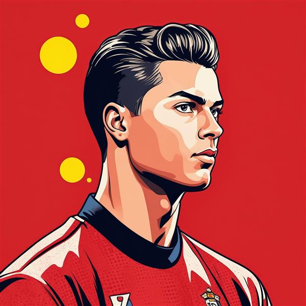 تابلو رونالدو نیم‌رخ با پیراهن قرمز و پس‌زمینه قرمز ساده و دایره‌های زرد