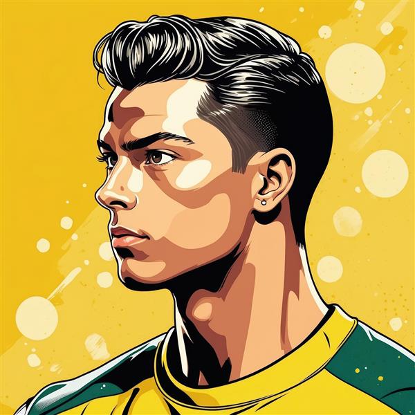 پرتره رونالدو (نمای جانبی) با استایل کمیک پاپ و پس‌زمینه زرد روشن