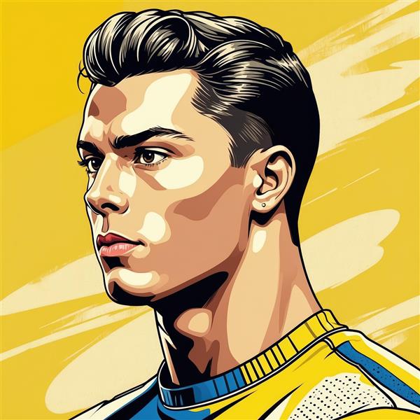 پوستر ورزشی رونالدو با پیراهن زرد و پس‌زمینه زرد انفجاری (مناسب چاپ)