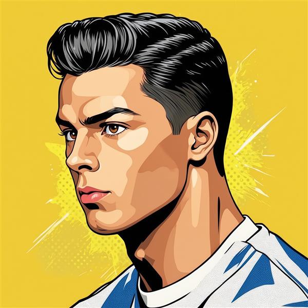 تصویر باکیفیت رونالدو نیم‌رخ با لباس سفید آبی و بک‌گراند زرد آفتابی