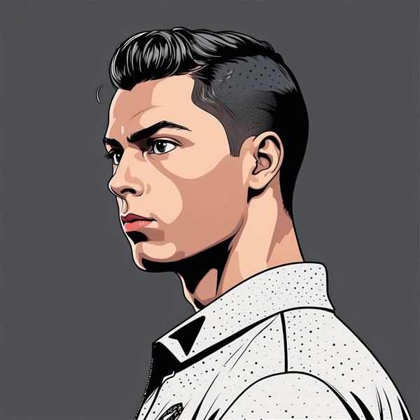 پرتره رونالدو با پیراهن سفید (خال‌دار) و پس‌زمینه خاکستری تیره (نقاشی دیجیتال)