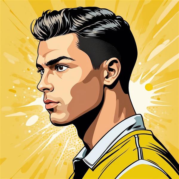 پوستر رونالدو نیم‌رخ با لباس زرد و پس‌زمینه انفجاری؛ استایل ریترو پاپ