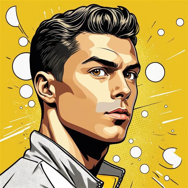نقاشی دیجیتال رونالدو با بک‌گراند زرد و حباب‌های کمیک؛ مناسب چاپ روی بوم