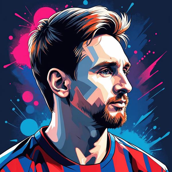 تصویر مسی با استایل نئون پاپ آرت؛ پس‌زمینه اسپری رنگ صورتی و آبی تیره