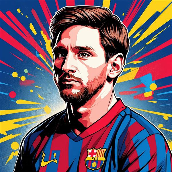 پوستر مسی: نگاه خیره در لباس بارسا با بک‌گراند خطوط نوری رنگارنگ