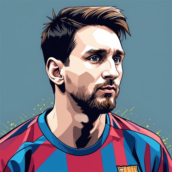 پرتره مسی با لباس بارسلونا و پس‌زمینه ملایم (مناسب دکوراسیون اسپرت)