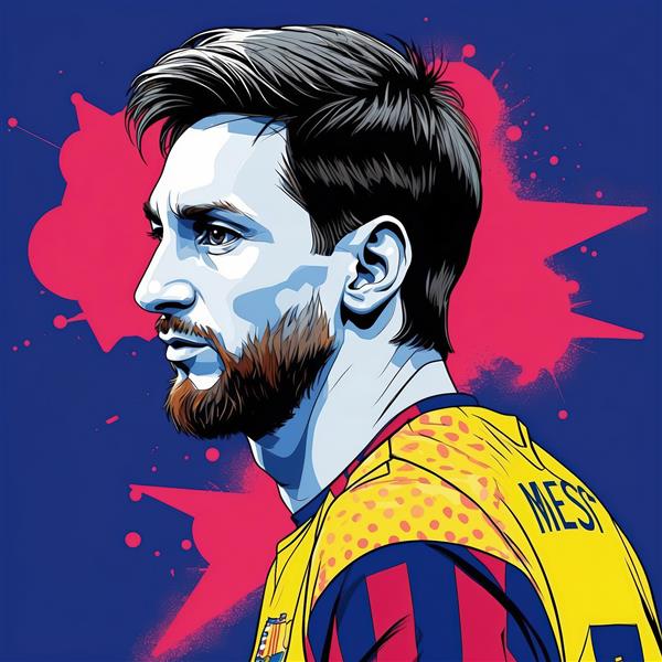 پوستر مسی با پیراهن زرد بارسلونا (نمای جانبی) و پس‌زمینه صورتی تیره