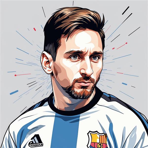 نقاشی دیجیتال مسی با لباس آرژانتین و خطوط نوری پس‌زمینه (استایل گرافیکی)