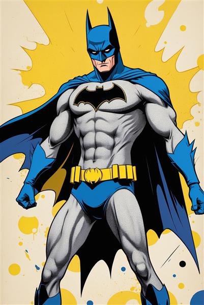 تصویر تمام‌قد بتمن کلاسیک خاکستری آبی؛ کمیک آرت با بک‌گراند زرد انفجاری