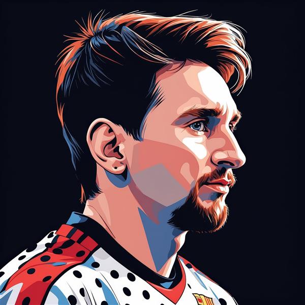 تابلو دکوراتیو مسی: پرتره نیم‌رخ با نورپردازی دراماتیک و لباس خال‌خالی سفید