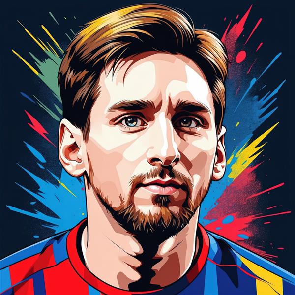 تصویر پرتره مسی با چشمان آبی، طرح پاشش رنگ و لباس بارسا (کیفیت چاپ)