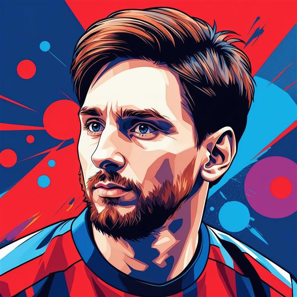 پوستر مسی با لباس بارسلونا و بک‌گراند پاپ آرت قرمز و آبی