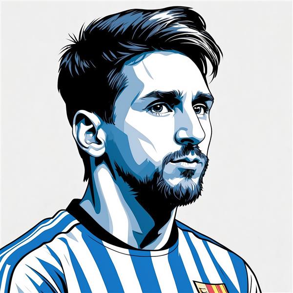 تصویر هنری مسی با لباس آرژانتین و رنگ آبی سرد؛ مناسب چاپ باکیفیت