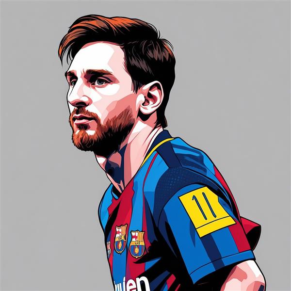 پوستر مسی با لباس بارسلونا و ریش قرمز قهوه‌ای؛ نقاشی دیجیتال ورزشی