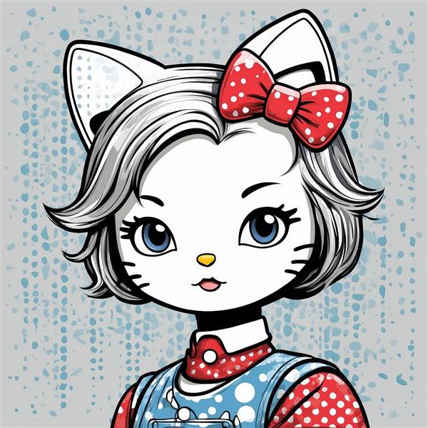 تابلو دکوراتیو دختر کیتی با چشمان آبی، پاپیون خال‌دار قرمز و لباس خال‌دار