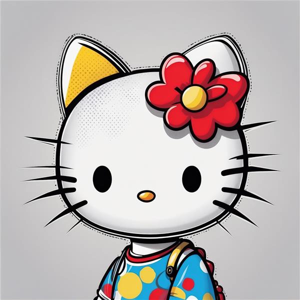 پوستر کارتونی هلو کیتی: لباس خال‌دار رنگی و گل قرمز (طرح کودکانه)