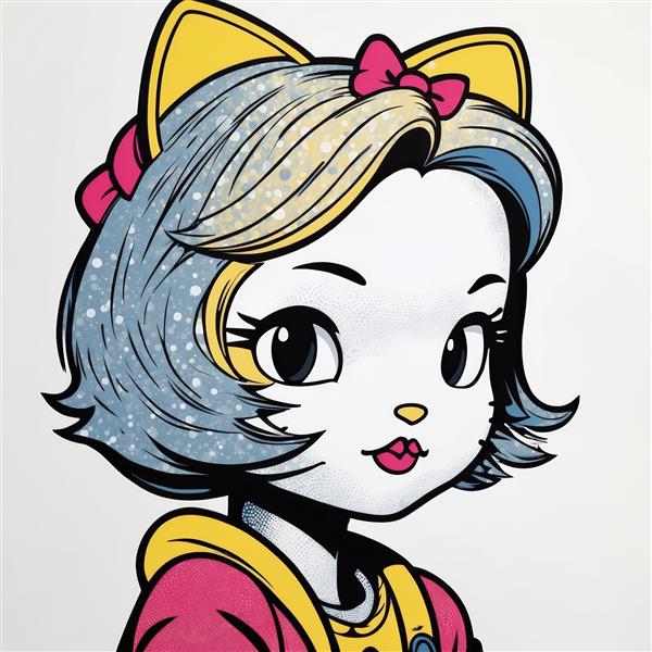 تصویر فانتزی دختر کیتی با موهای آبی و کلاه زرد؛ استایل پاپ آرت