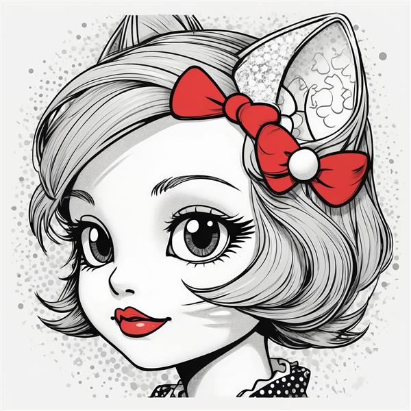 والپیپر دختر کارتونی کیوت با پاپیون قرمز در سبک سیاه و سفید و هایلایت قرمز