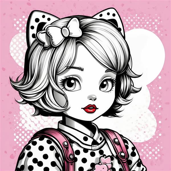 عکس باکیفیت دختر کارتونی با گوش موشی، پاپیون سفید و پس‌زمینه پاپ آرت صورتی