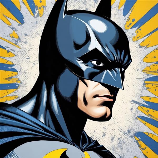 چاپ دکوراتیو بتمن کلوزآپ با پس‌زمینه زرد و آبی انفجاری در سبک وضوح بالا